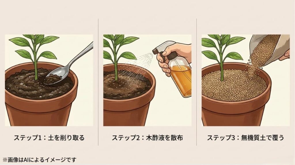 スプーンで表面の土を削り取り、木酢液をスプレーし、新しい無機質の土で覆うまでの手順を示すイラスト