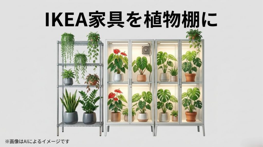 スチールラックやガラスキャビネットなど、IKEAの家具を植物棚として活用しているイメージ画像