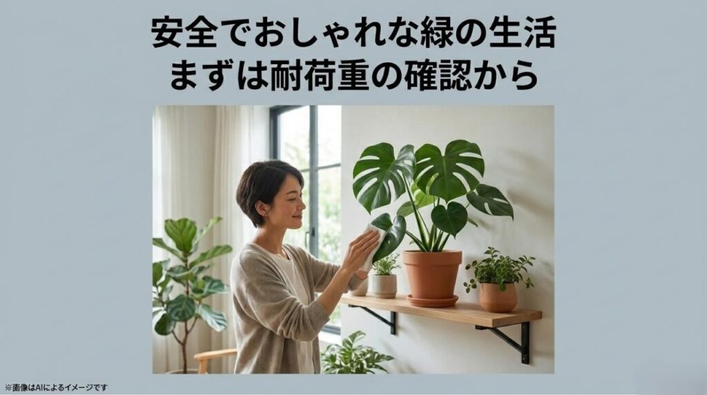 無印良品の壁掛け棚に飾った観葉植物の葉を、笑顔で優しくお手入れしている女性の様子