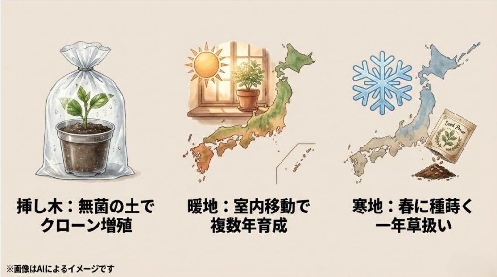 密閉挿しされた鉢植えや日本地図を用いた、地域別のオジギソウの冬越しと挿し木の方法を図解したスライド