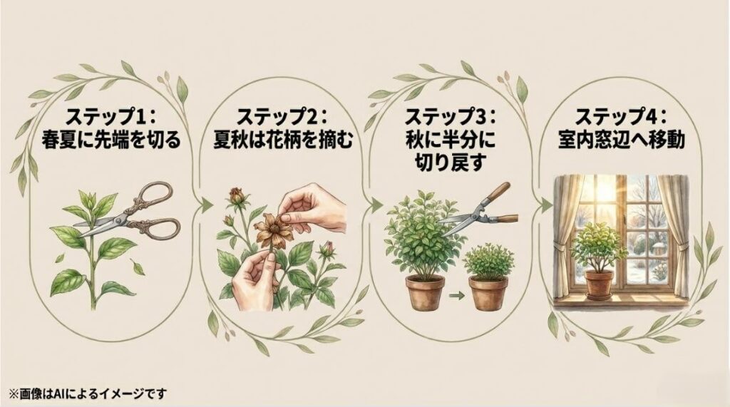 春夏の摘芯、夏秋の花がら摘み、秋の切り戻し、冬の室内移動という4つのステップを図解したスライド