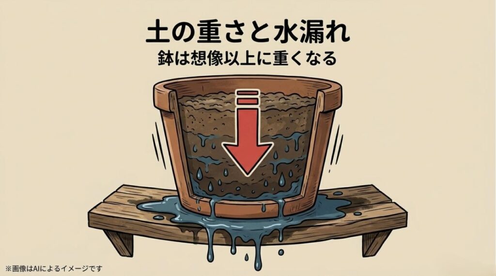 想像以上に重くなった鉢から水が漏れ出し、木製の棚がたわんで水浸しになっている危険な状態のイラスト