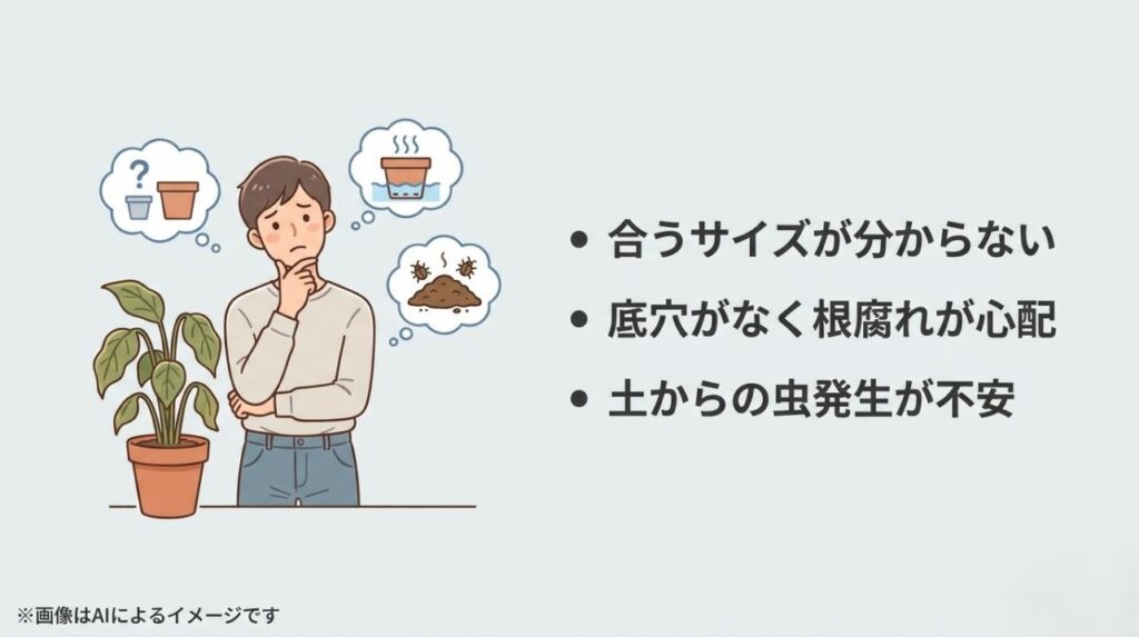 合うサイズが分からない、底穴がなく根腐れが心配、土からの虫発生が不安という3つの悩みを抱えるイラスト