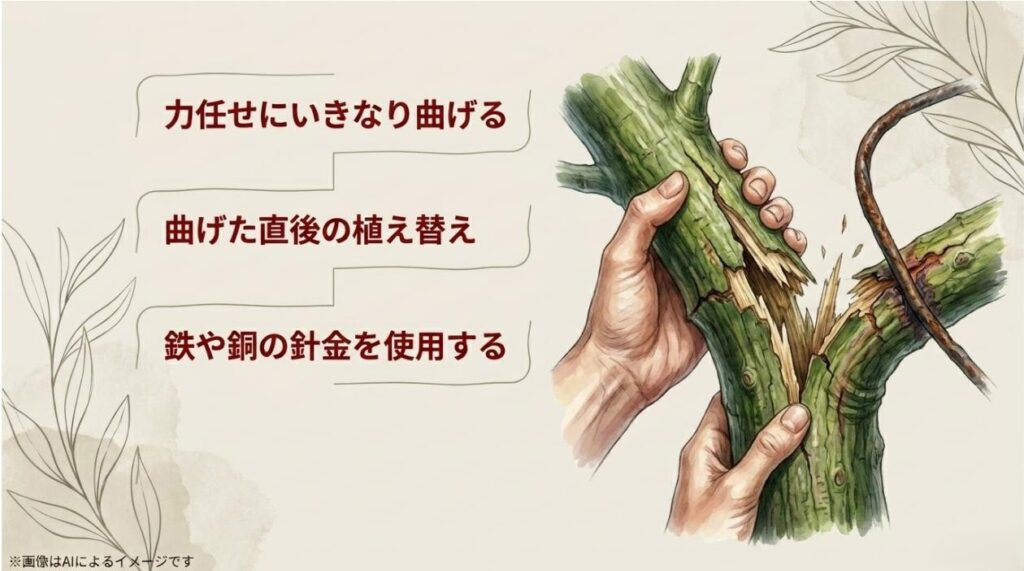力任せな曲げや直後の植え替え、鉄・銅の針金の使用など、曲げ方のNG行動をまとめたスライド