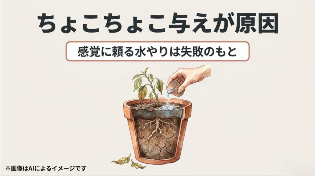 乾燥してひび割れた土に少量の水を与えているイラストと、感覚に頼る水やりが失敗のもとであるという警告メッセージ
