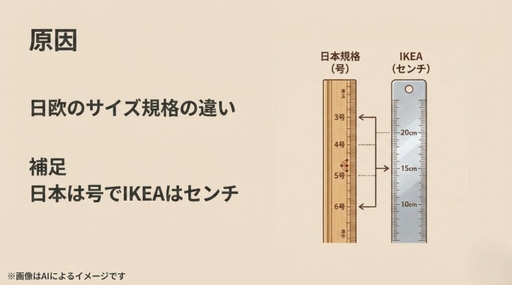 日本規格の号数とIKEAのセンチメートル規格の違いを比較した定規のイラスト