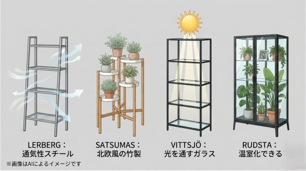 LERBERG、SATSUMAS、VITTSJÖ、RUDSTAの4種類のIKEA家具の形状と特徴をまとめた図解スライド