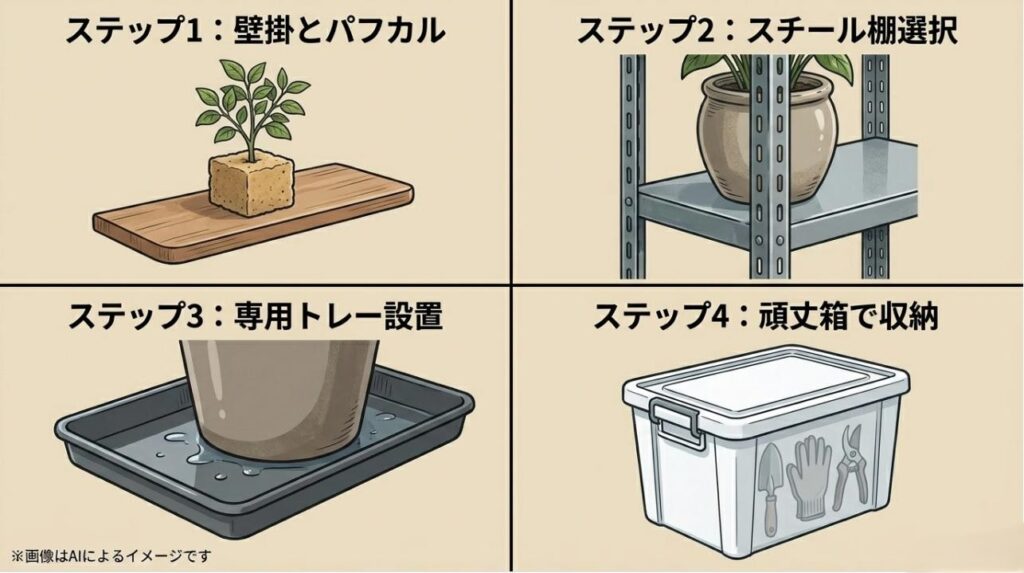 壁掛け家具とパフカル、スチール棚の選択、専用トレーの設置、頑丈箱での収納という4つのステップのイラスト図解