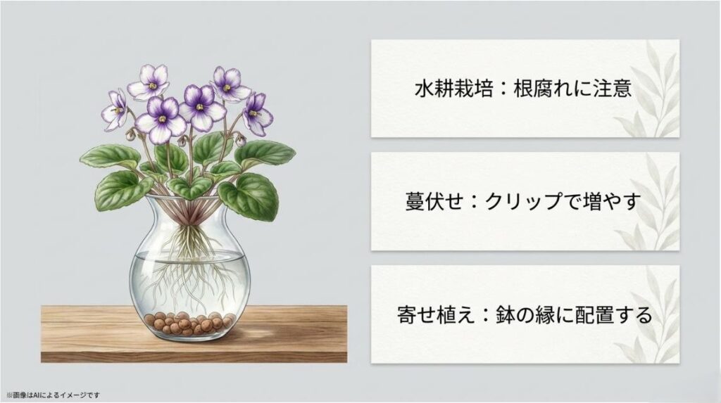 ガラス容器での水耕栽培のイラストとともに、水耕栽培の根腐れ注意、クリップでの蔓伏せ、寄せ植えの配置のコツをまとめたスライド