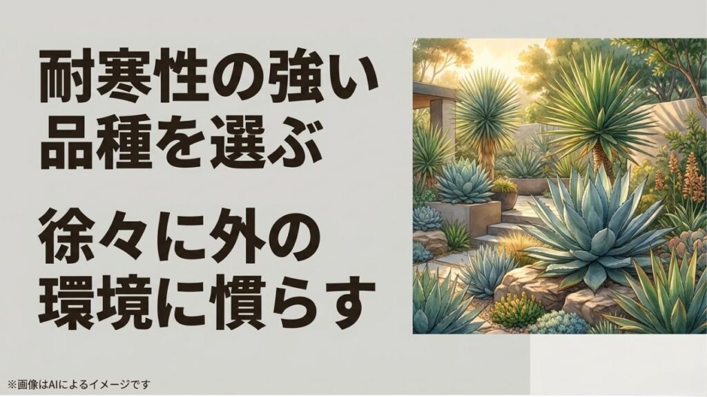 ドライガーデンのイラストとともに、耐寒性の強い品種を選ぶことや徐々に外の環境に慣らすことの重要性を伝えているスライド