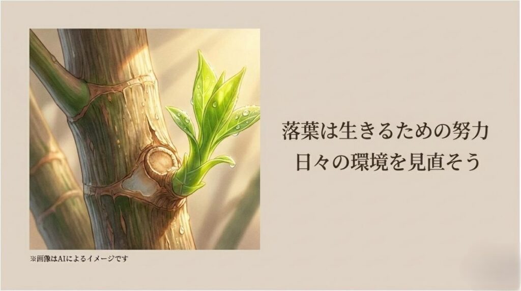 植物の幹から力強く出た新芽のイラストと、落葉は生きるための努力であり日々の環境を見直そうという前向きなメッセージ