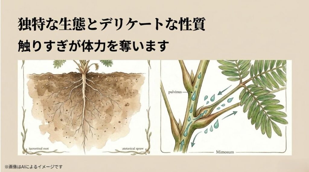 オジギソウの真っ直ぐ伸びる直根性の根っこと、葉枕（ようちん）で水分が移動する仕組みを解説した図解スライド