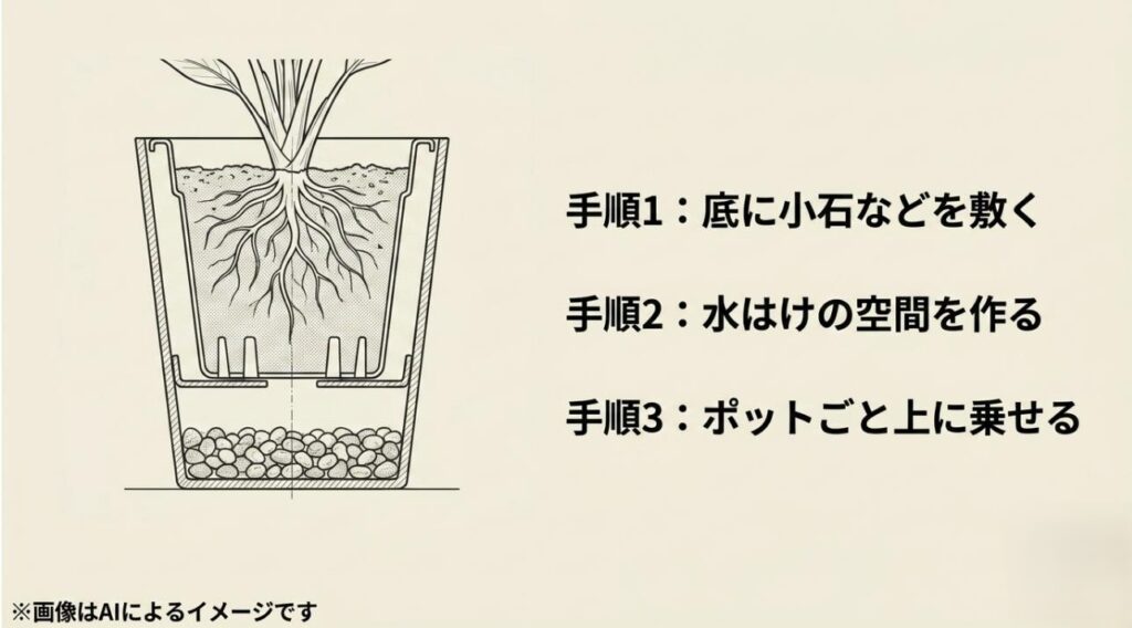 鉢底に小石を敷き、水はけの空間を作ってポットごと乗せるという底上げの手順を図解した断面図