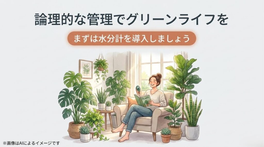 たくさんの健康な観葉植物に囲まれた部屋でリラックスして本を読む女性のイラストと、水分計の導入を勧める前向きなメッセージ