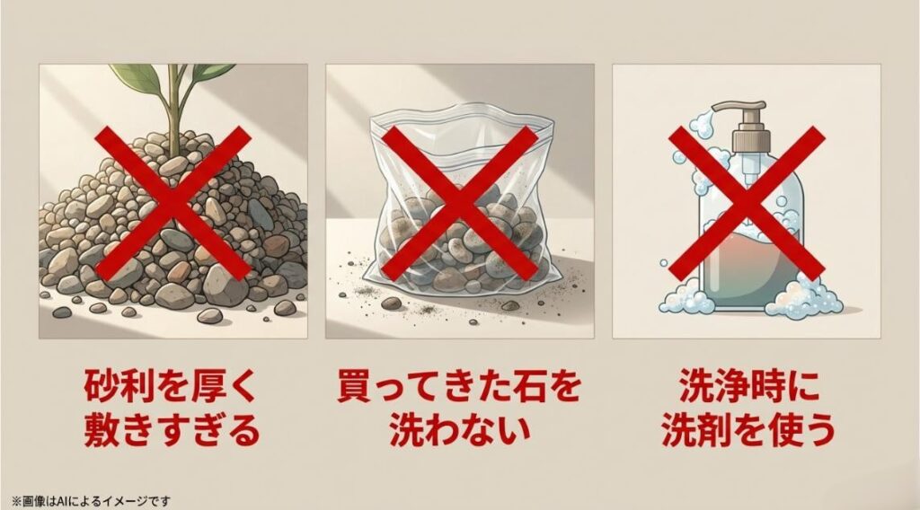 砂利の厚敷き、購入した石の未洗浄、洗浄時の洗剤使用という、3つの避けるべき行動にバツ印がついたイラスト図解