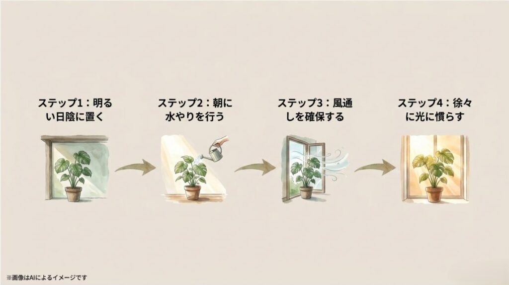 明るい日陰に置くことから始まり、朝の水やり、風通しの確保、徐々に光に慣らすまでの4つのステップを描いたスライド