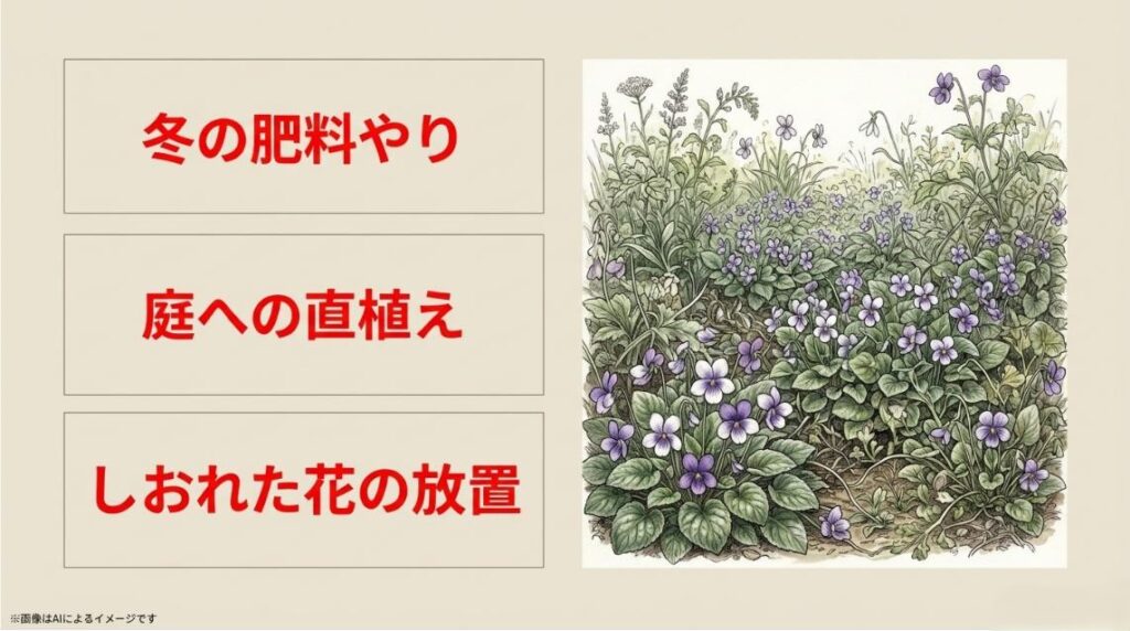 庭一面に広がるスミレのイラストとともに、冬の施肥、地植え、花柄摘みの放置というやってはいけない3つの罠を挙げたスライド