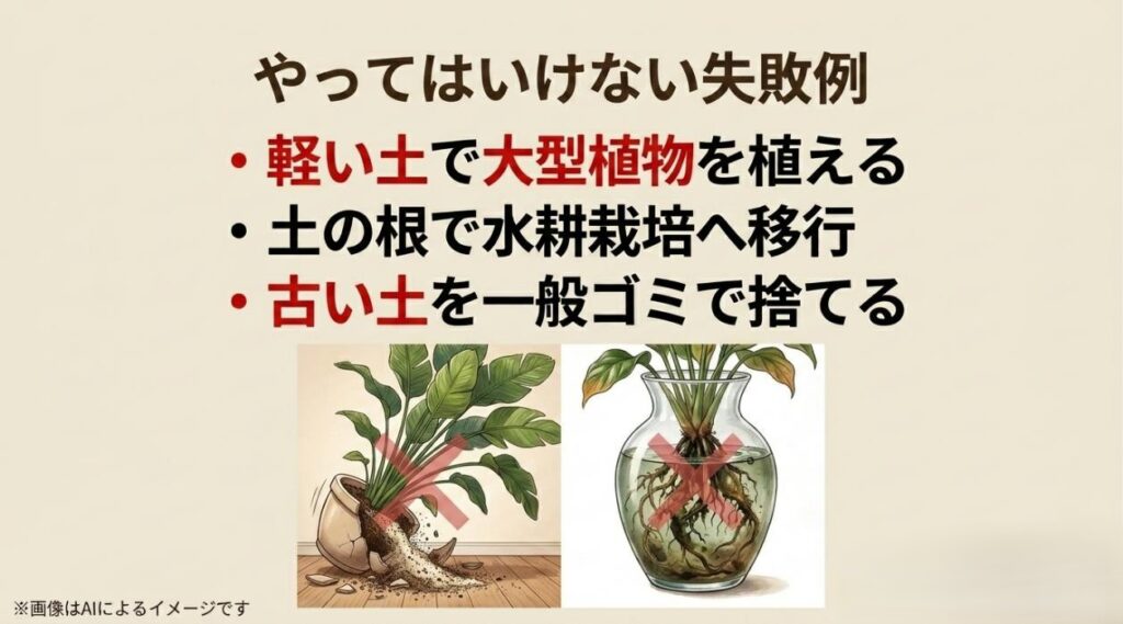 軽い土で大型植物が倒れる様子や、土の根のまま水耕栽培にするなどの失敗例を挙げたスライド