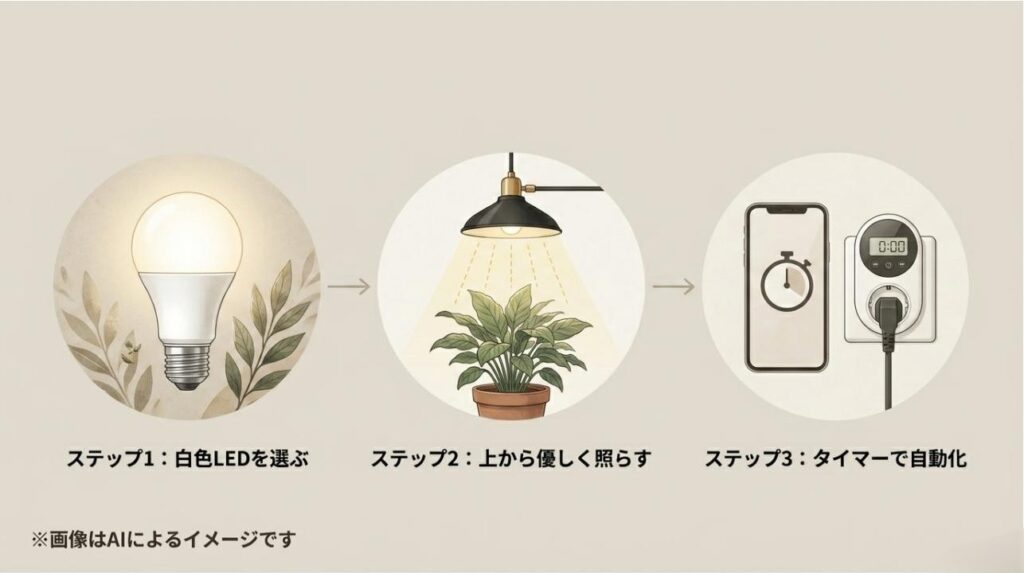 白色LEDを選ぶ、上から照らす、タイマーで自動化するという3つのステップをまとめたスライド