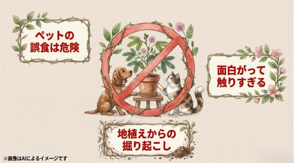 オジギソウに近づく犬と猫に禁止マークが重ねられ、ペットの誤食や触りすぎへの注意を促すイラスト
