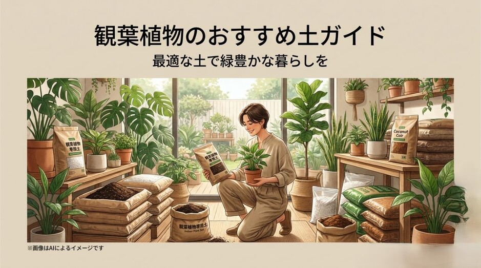 たくさんの種類の観葉植物の土に囲まれた人のイラストと、最適な土で緑豊かな暮らしを提案するタイトルのアイキャッチ画像