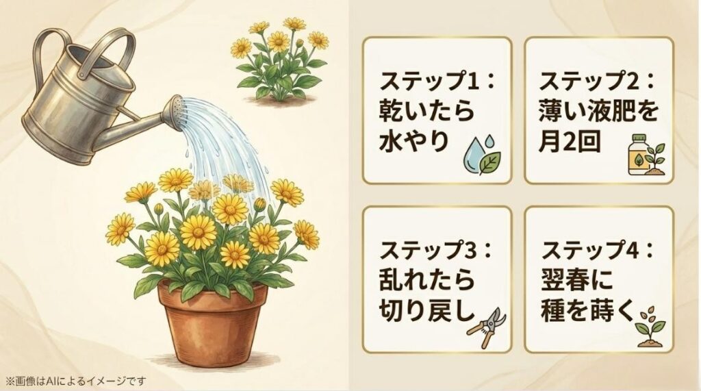 水やり、液肥、切り戻し、種まきというメランポジウムの育て方の4ステップをまとめたスライド