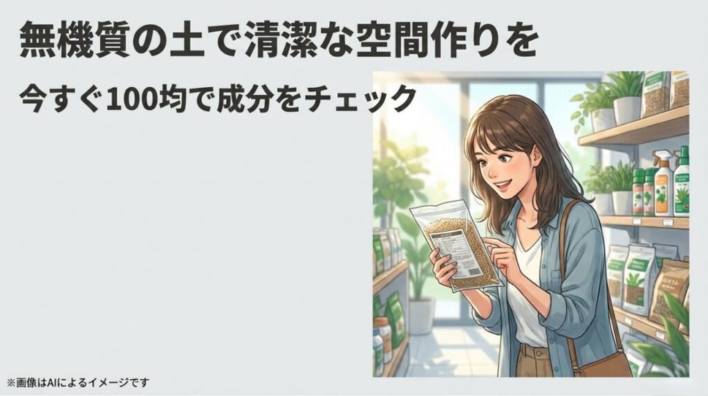 窓辺に置かれた清潔な観葉植物のイラストと、100均で成分をチェックして無機質の土で空間作りを促す前向きなメッセージ
