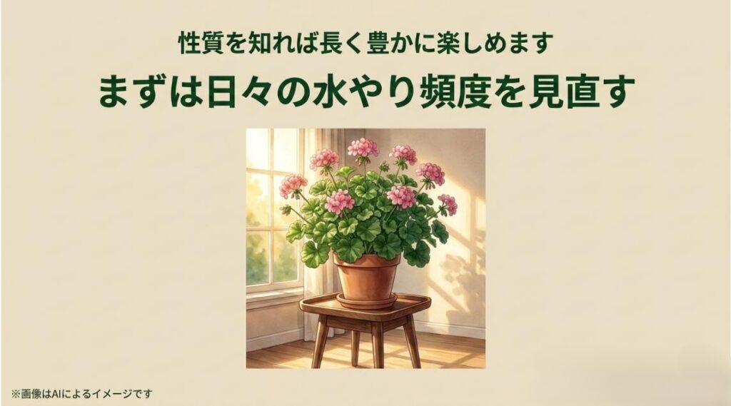 窓際で綺麗に咲くローズゼラニウムの鉢植えイラストと、日々の水やりを見直し長く楽しもうという前向きなメッセージ