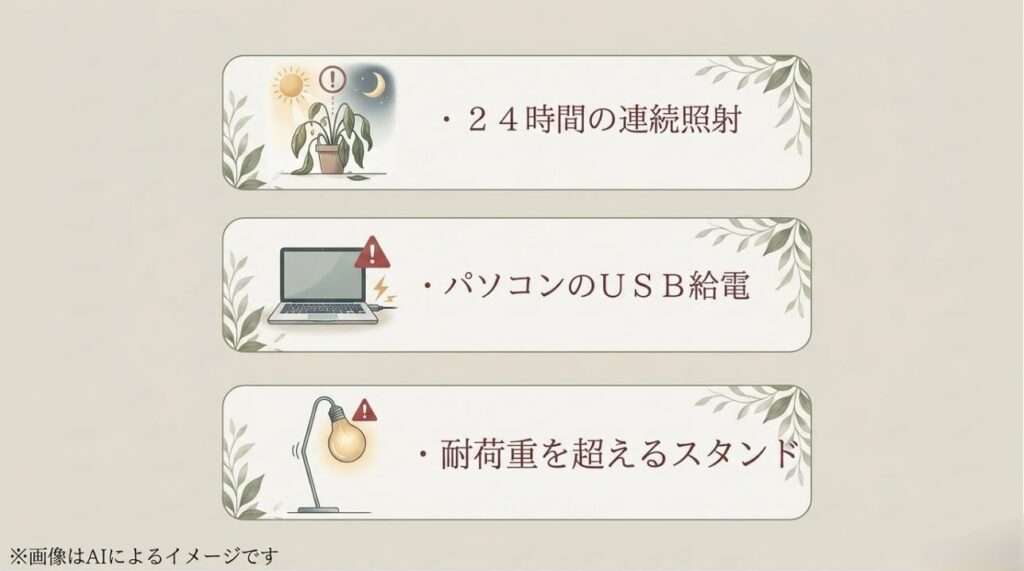 枯れた植物のイラストと共に、24時間の連続照射、パソコンのUSB給電、耐荷重を超えるスタンドへの警告を促すスライド