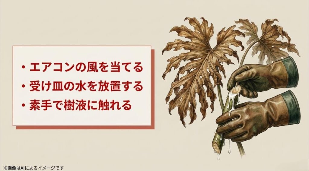 エアコンの風を当てる、受け皿の水を放置する、素手で樹液に触れるといったセロームのNG行動のまとめ