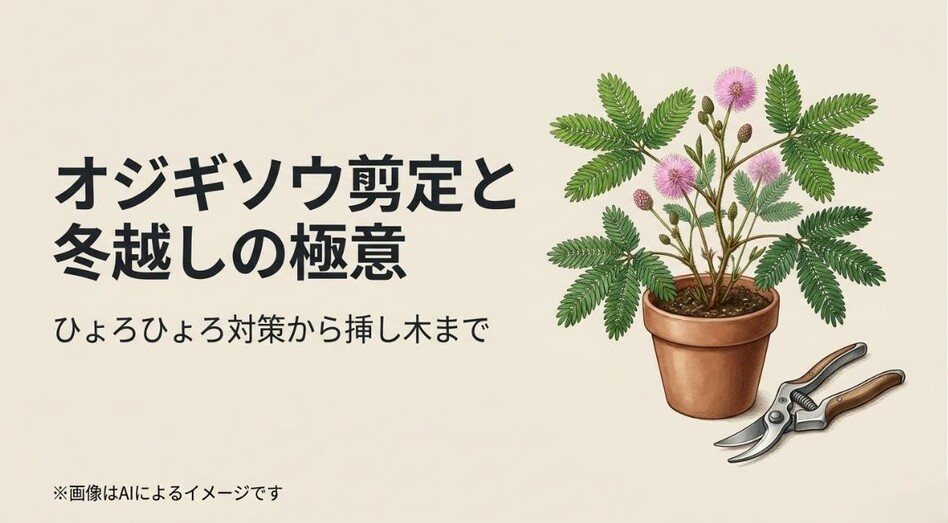 オジギソウの鉢植えと剪定バサミのイラストが描かれた、剪定と冬越しを解説するタイトル画像のアイキャッチ