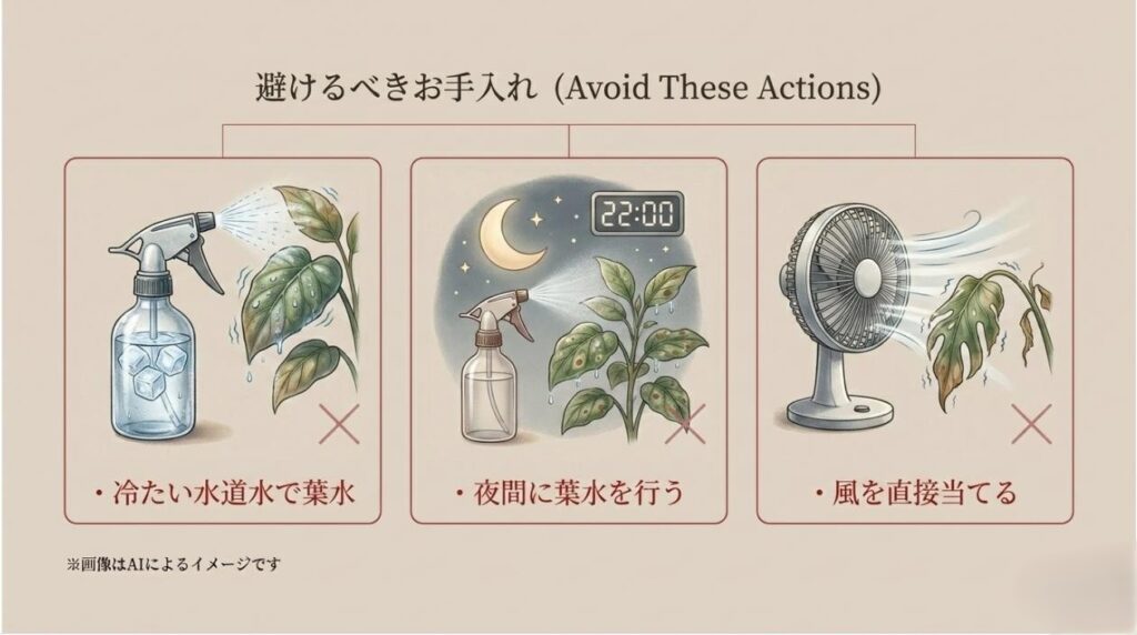 冷たい水道水での葉水、夜間の葉水、風を直接当てるといった避けるべきお手入れ行動をまとめたスライド
