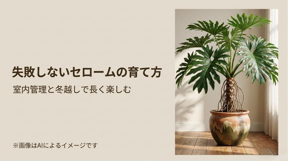 立派に育ったセロームの鉢植えと、「失敗しないセロームの育て方」というタイトルのアイキャッチ画像