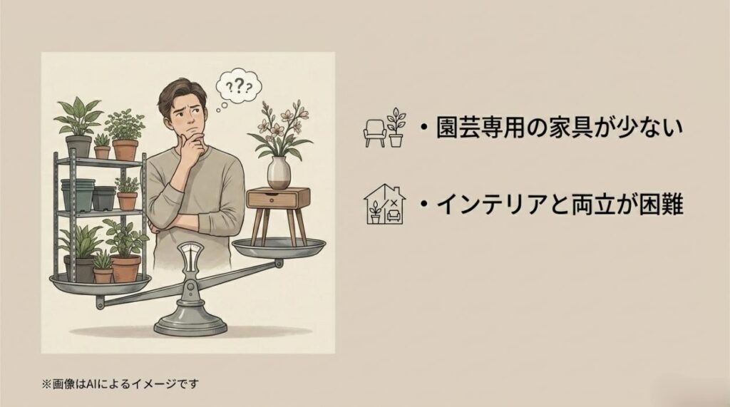 園芸専用家具とインテリア性を天秤にかけて悩んでいる様子を表したイラスト