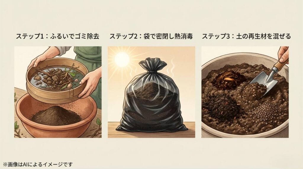 古い土をふるいにかけてゴミを除去し、密閉して熱消毒した後に再生材を混ぜる3つのステップを図解したスライド