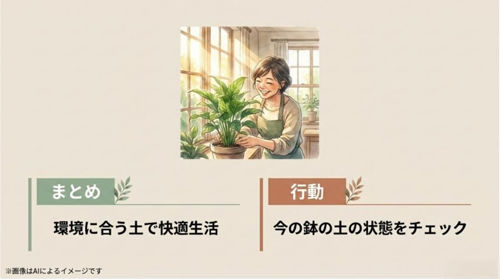 笑顔で観葉植物の手入れをする女性のイラストと、今の鉢の土の状態をチェックしようという行動を促すメッセージ