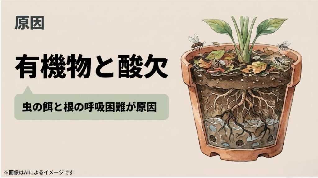 鉢の中で虫がわき、根が呼吸困難に陥っている状態を示すイラスト