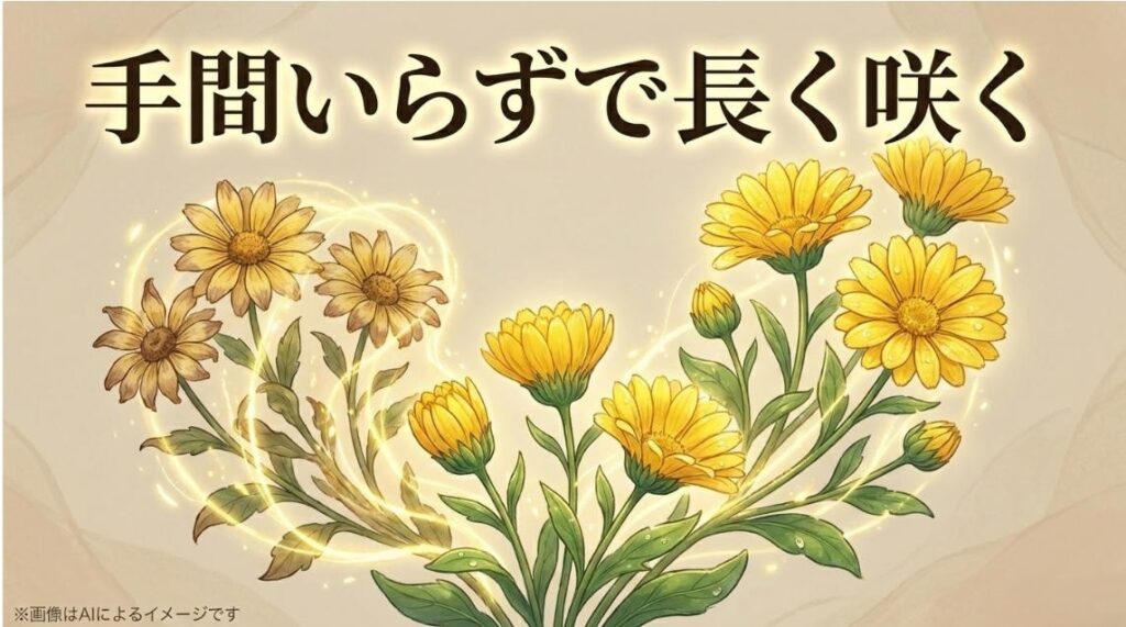 キラキラと輝くように咲き誇る黄色いメランポジウムのイラストと「手間いらずで長く咲く」というメッセージ
