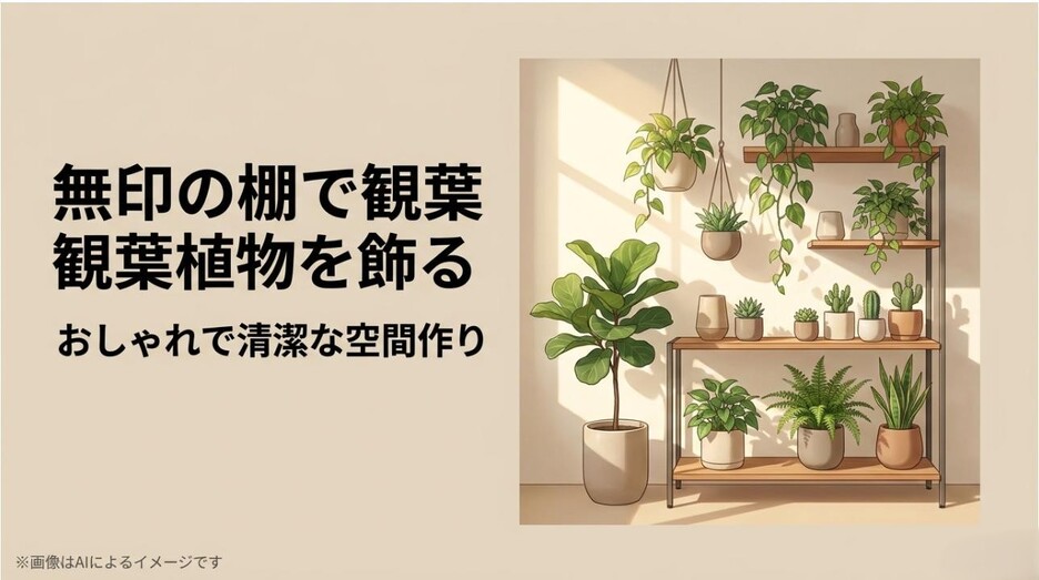 無印良品の棚を使って、美しく清潔に観葉植物が飾られたおしゃれな部屋のインテリア写真