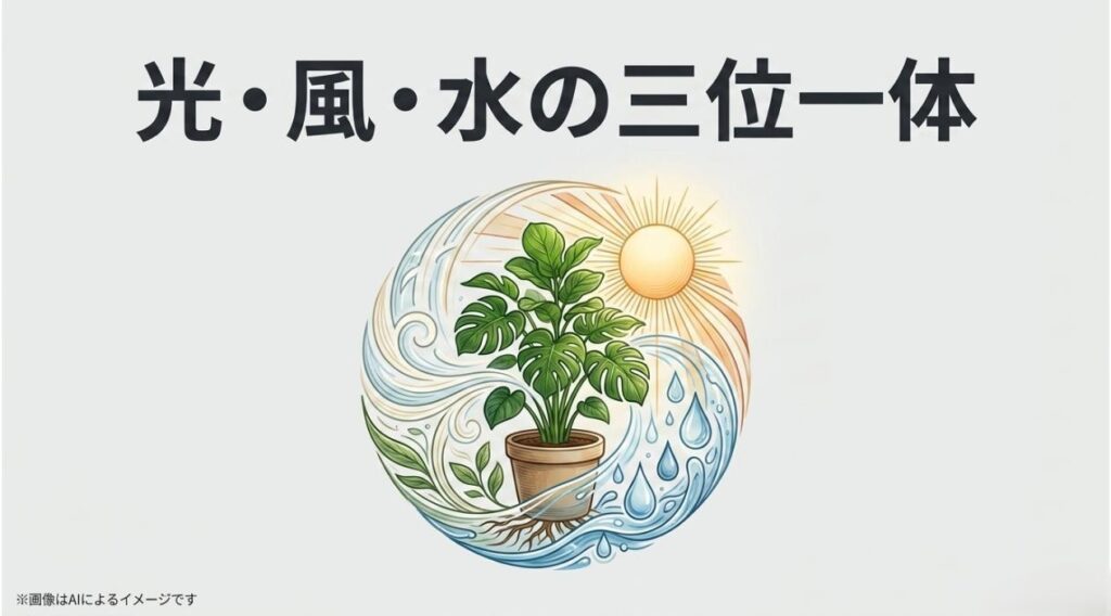 太陽の光、爽やかな風、豊かな水を象徴するイラストと、三位一体のバランスの重要性を伝えるスライド