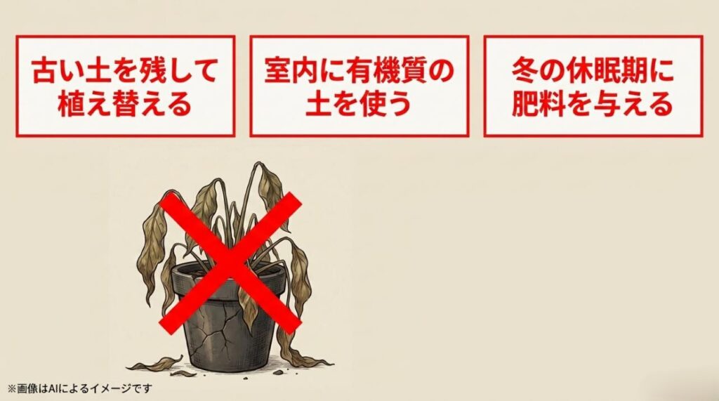 枯れた植物のイラストに赤色のバツ印が重なり、古い土を残す、室内に有機質の土を使う、冬の休眠期に肥料を与えるといったNG行動を警告するスライド