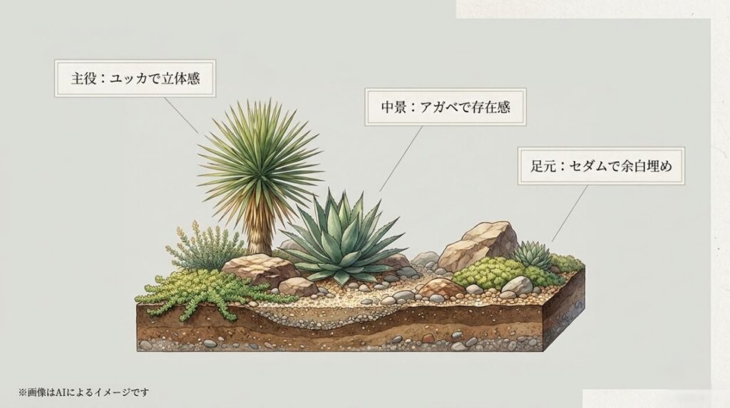主役にユッカで立体感を出し、中景にアガベで存在感を示し、足元をセダムで余白埋めするドライガーデンの構造図