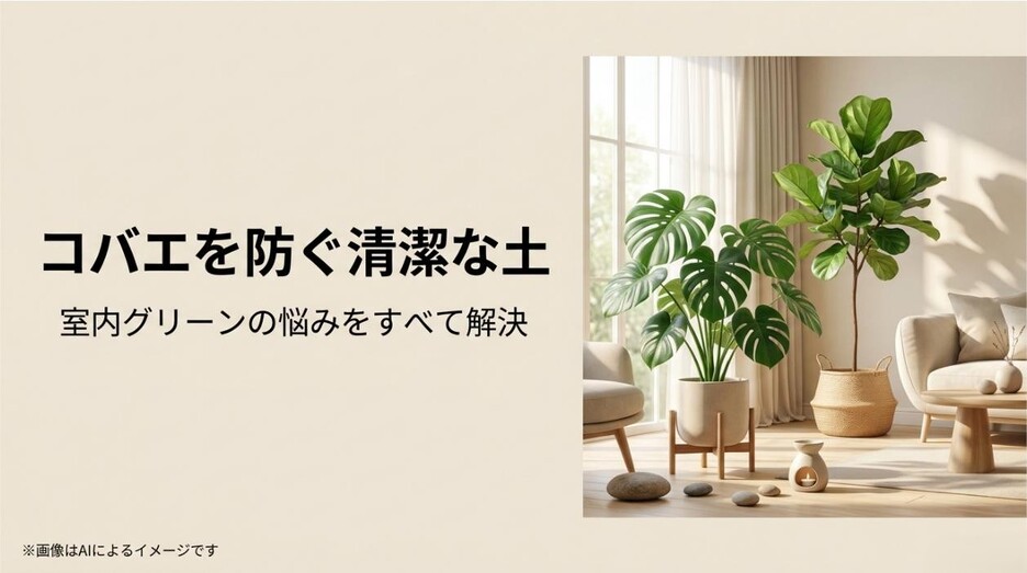 観葉植物の画像と、コバエを防ぐ清潔な土で室内グリーンの悩みを解決するというメッセージが書かれたアイキャッチ画像