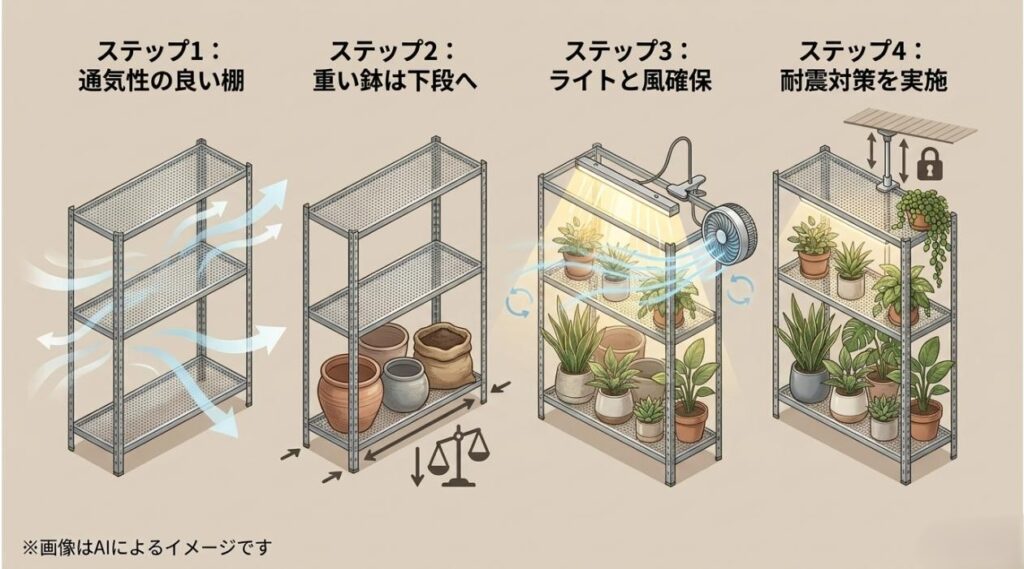 通気性の確保、重い鉢の下段配置、ライトと風の確保、耐震対策という4つのステップを解説したスライド