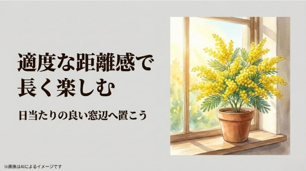 窓から差し込む豊かな日光を浴びて元気に育つオジギソウのイラストと、適度な距離感で長く楽しむための配置提案スライド