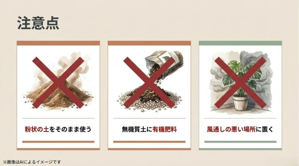 粉状の土をそのまま使う、無機質土に有機肥料を使う、風通しの悪い場所に置くという3つのNG行動にバツ印がついたイラスト