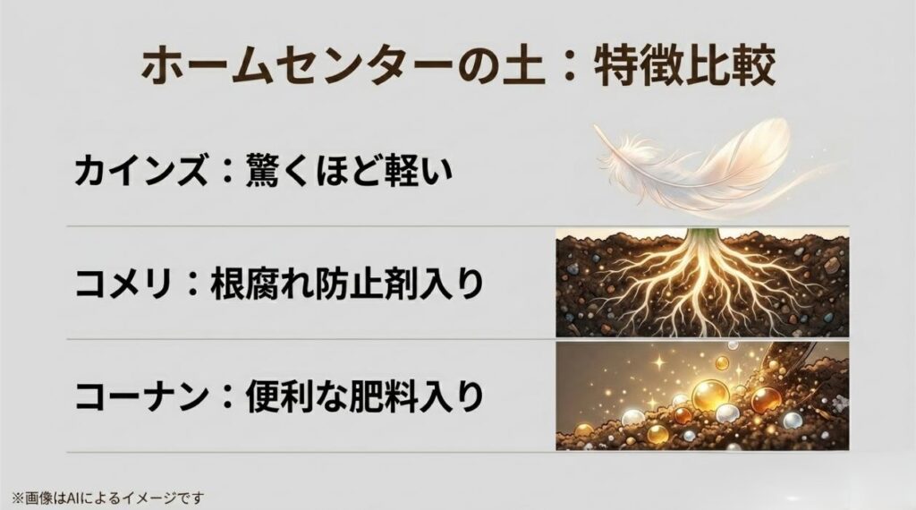 カインズの軽さ、コメリの根腐れ防止剤、コーナンの肥料入りという各ホームセンターの土の特徴を比較したスライド