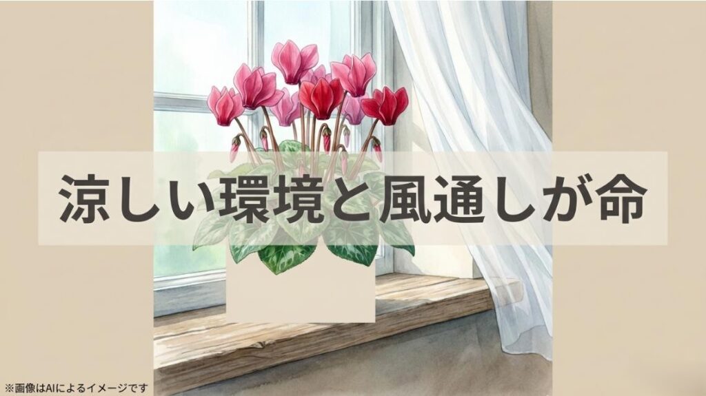 シクラメンの健康を保ち病気を防ぐために、涼しい環境と風通しが重要であることを示すスライド