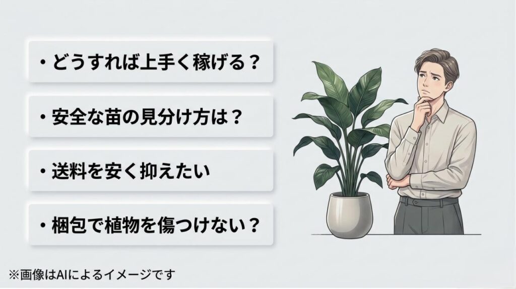 観葉植物の横で悩んでいる男性のイラストと、稼ぎ方や苗の見分け方、送料、梱包に関する疑問をまとめたスライド