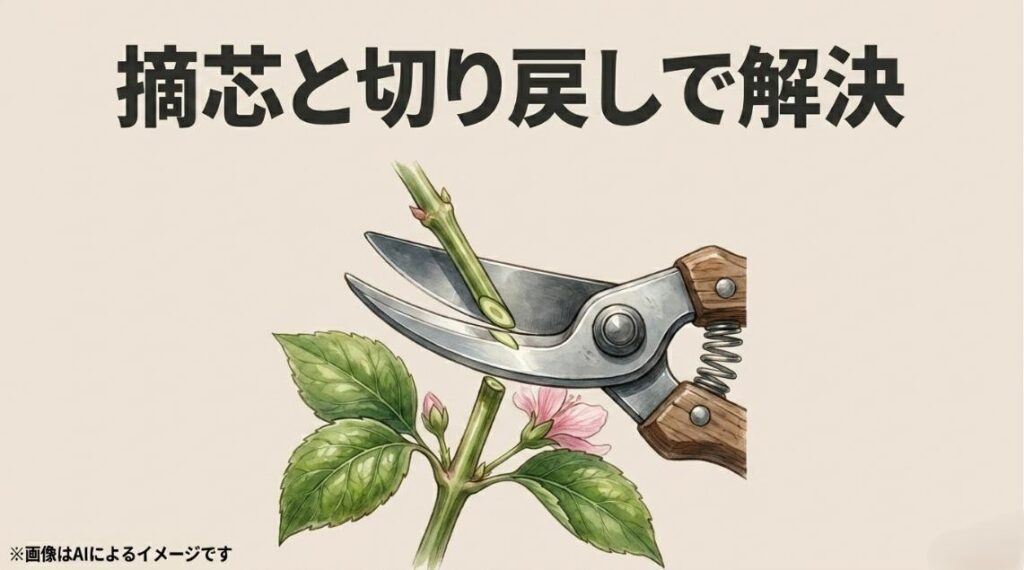 剪定バサミで植物の茎を斜めにカットしている様子を描いたイラスト